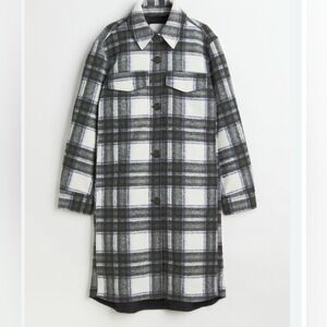 H&M Coat Plaid Long Grey and White Collared  size small